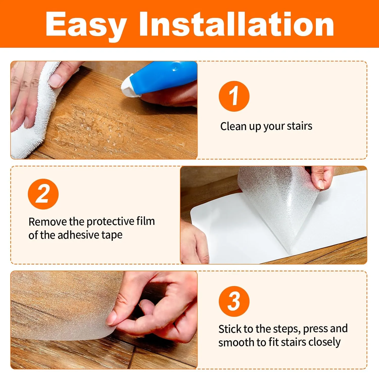Spurtar Non Slip Staircase Step Treads, 6"x24" 15 Pack Anti Slip Tape for Stairs Indoor, Transparent Grip Tape for Stairs, Clear Skid Guard Safety Stair Runners for Wooden Steps