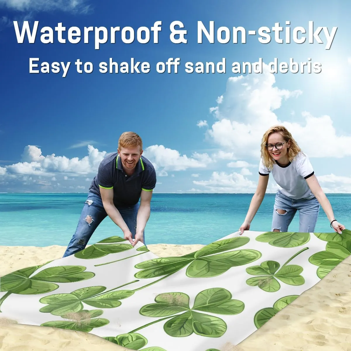 St Patricks Day Beach Blanket, Sandproof Beach Mat, Adults Waterproof Quick Drying Sand Free Mat with 4 x Ground Spikes for Outdoor Travel Camping Hiking, Green Shamrock Lucky Spring