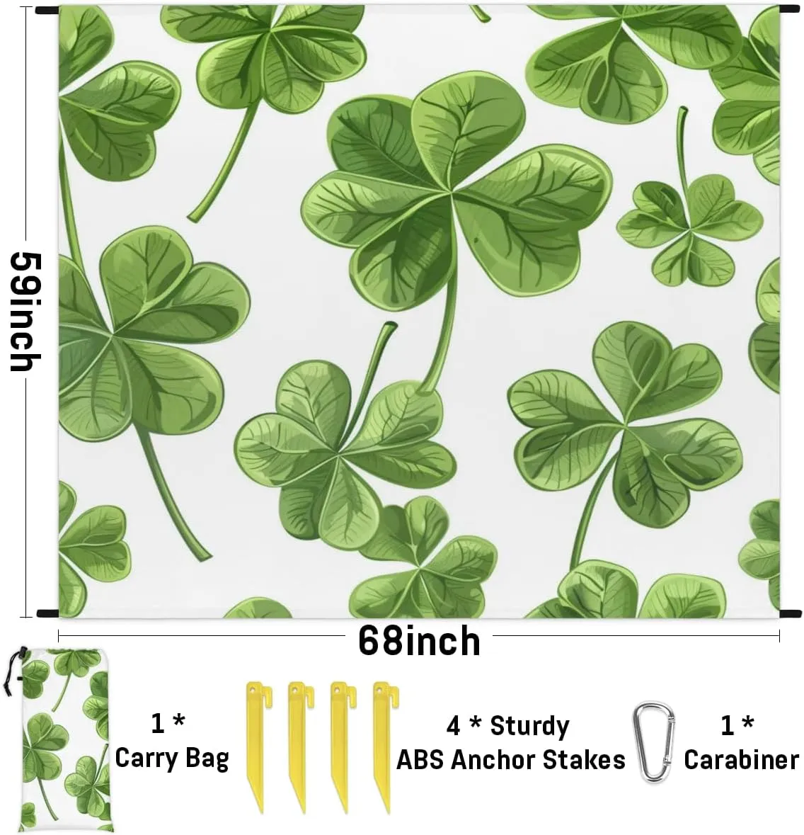 St Patricks Day Beach Blanket, Sandproof Beach Mat, Adults Waterproof Quick Drying Sand Free Mat with 4 x Ground Spikes for Outdoor Travel Camping Hiking, Green Shamrock Lucky Spring