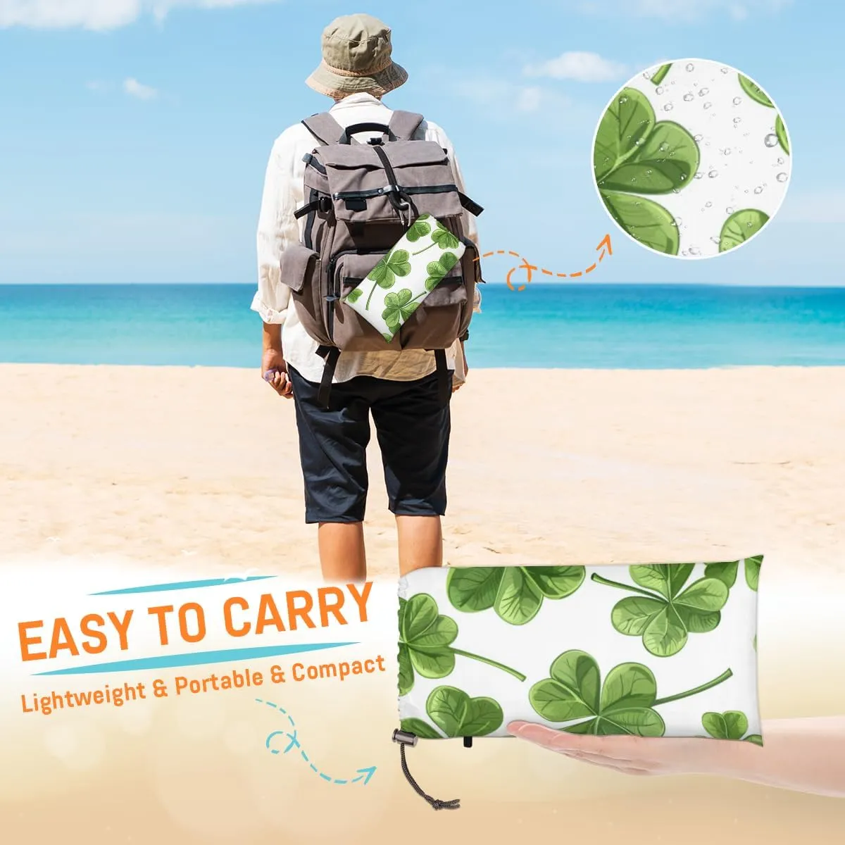 St Patricks Day Beach Blanket, Sandproof Beach Mat, Adults Waterproof Quick Drying Sand Free Mat with 4 x Ground Spikes for Outdoor Travel Camping Hiking, Green Shamrock Lucky Spring