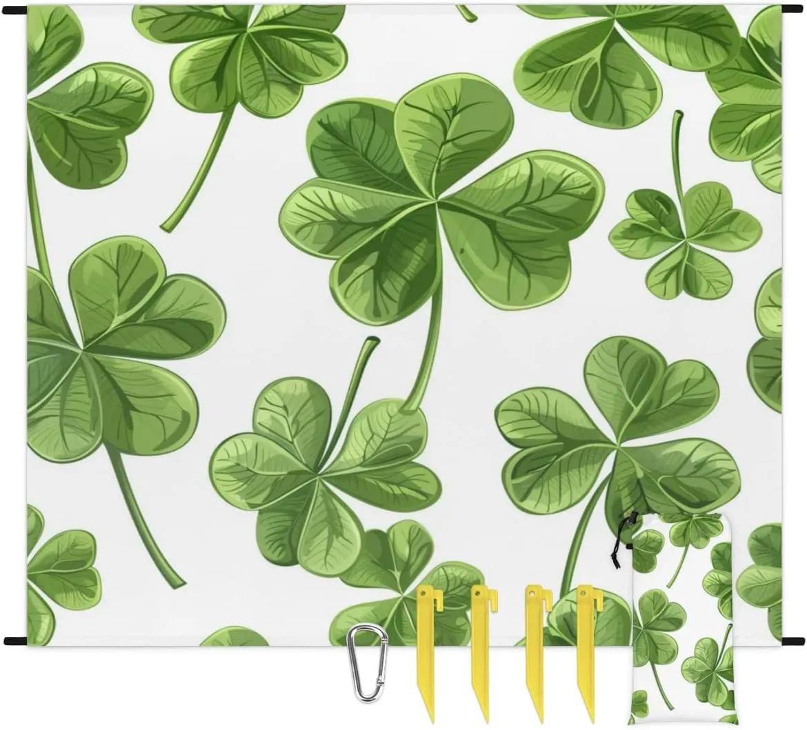 St Patricks Day Beach Blanket, Sandproof Beach Mat, Adults Waterproof Quick Drying Sand Free Mat with 4 x Ground Spikes for Outdoor Travel Camping Hiking, Green Shamrock Lucky Spring