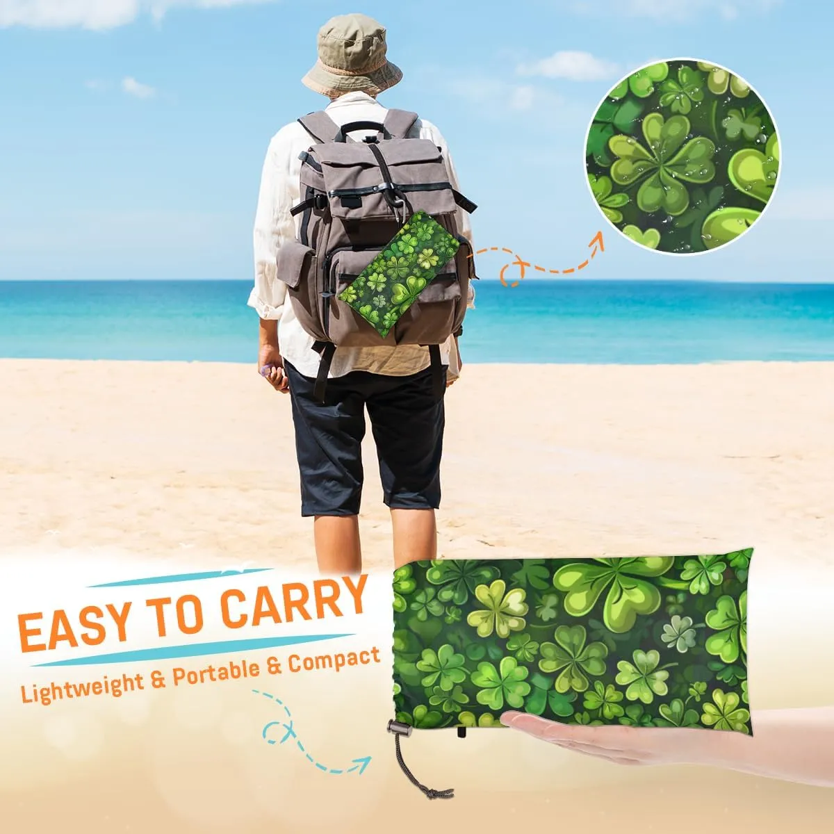 St. Patrick's Day Clover Beach Blanket, Sandproof Beach Mat, Adults Waterproof Quick Drying Sand Free Mat with 4 x Ground Spikes for Outdoor Travel Camping Hiking, Green Clover