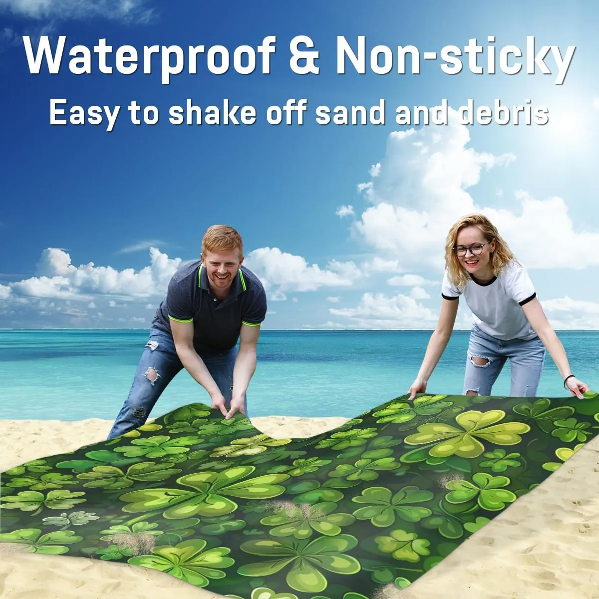 St. Patrick's Day Clover Beach Blanket, Sandproof Beach Mat, Adults Waterproof Quick Drying Sand Free Mat with 4 x Ground Spikes for Outdoor Travel Camping Hiking, Green Clover