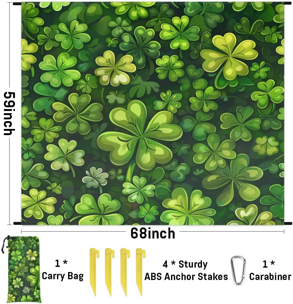 St. Patrick's Day Clover Beach Blanket, Sandproof Beach Mat, Adults Waterproof Quick Drying Sand Free Mat with 4 x Ground Spikes for Outdoor Travel Camping Hiking, Green Clover