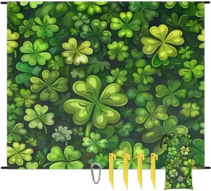 St. Patrick's Day Clover Beach Blanket, Sandproof Beach Mat, Adults Waterproof Quick Drying Sand Free Mat with 4 x Ground Spikes for Outdoor Travel Camping Hiking, Green Clover