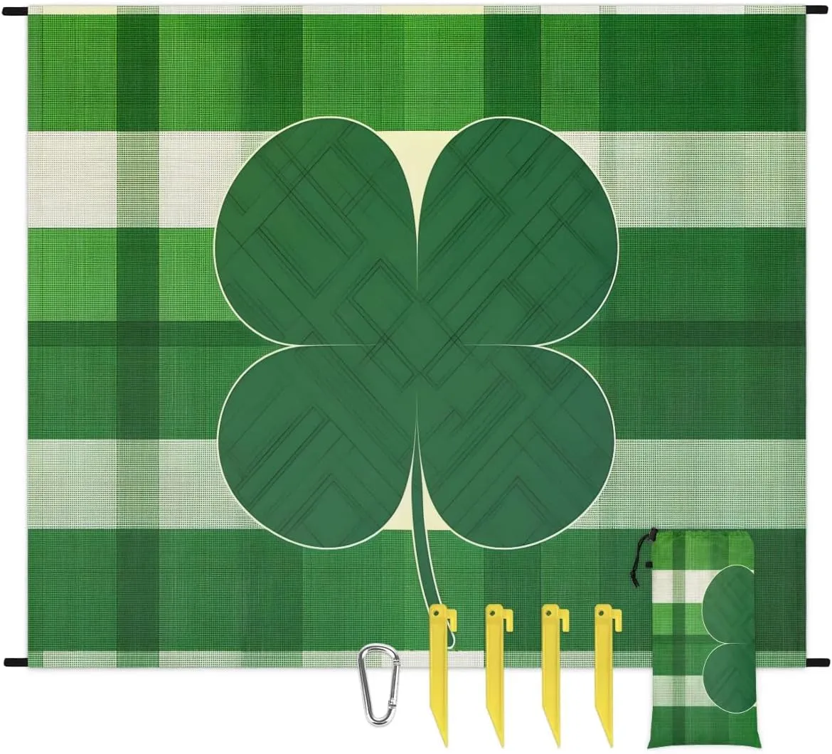 St. Patrick’s Day Shamrocks Beach Blanket, Sandproof Beach Mat, 68 x 59 Waterproof Quick Drying Sand Free Mat with 4 x Ground Spikes for Outdoor Travel Camping Hiking, Buffalo Plaid Farmhouse