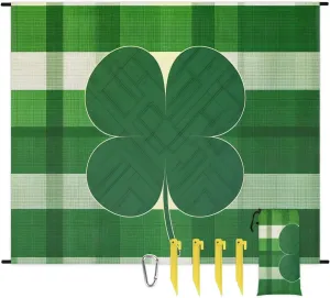St. Patrick’s Day Shamrocks Beach Blanket, Sandproof Beach Mat, 68 x 59 Waterproof Quick Drying Sand Free Mat with 4 x Ground Spikes for Outdoor Travel Camping Hiking, Buffalo Plaid Farmhouse