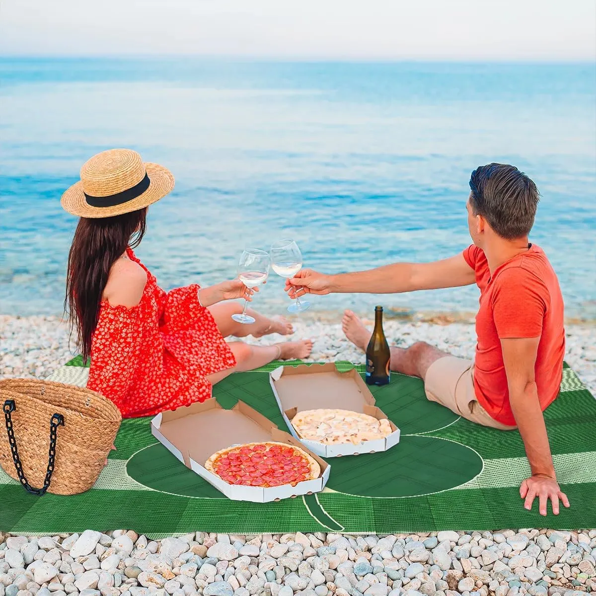 St. Patrick’s Day Shamrocks Beach Blanket, Sandproof Beach Mat, 68 x 59 Waterproof Quick Drying Sand Free Mat with 4 x Ground Spikes for Outdoor Travel Camping Hiking, Buffalo Plaid Farmhouse