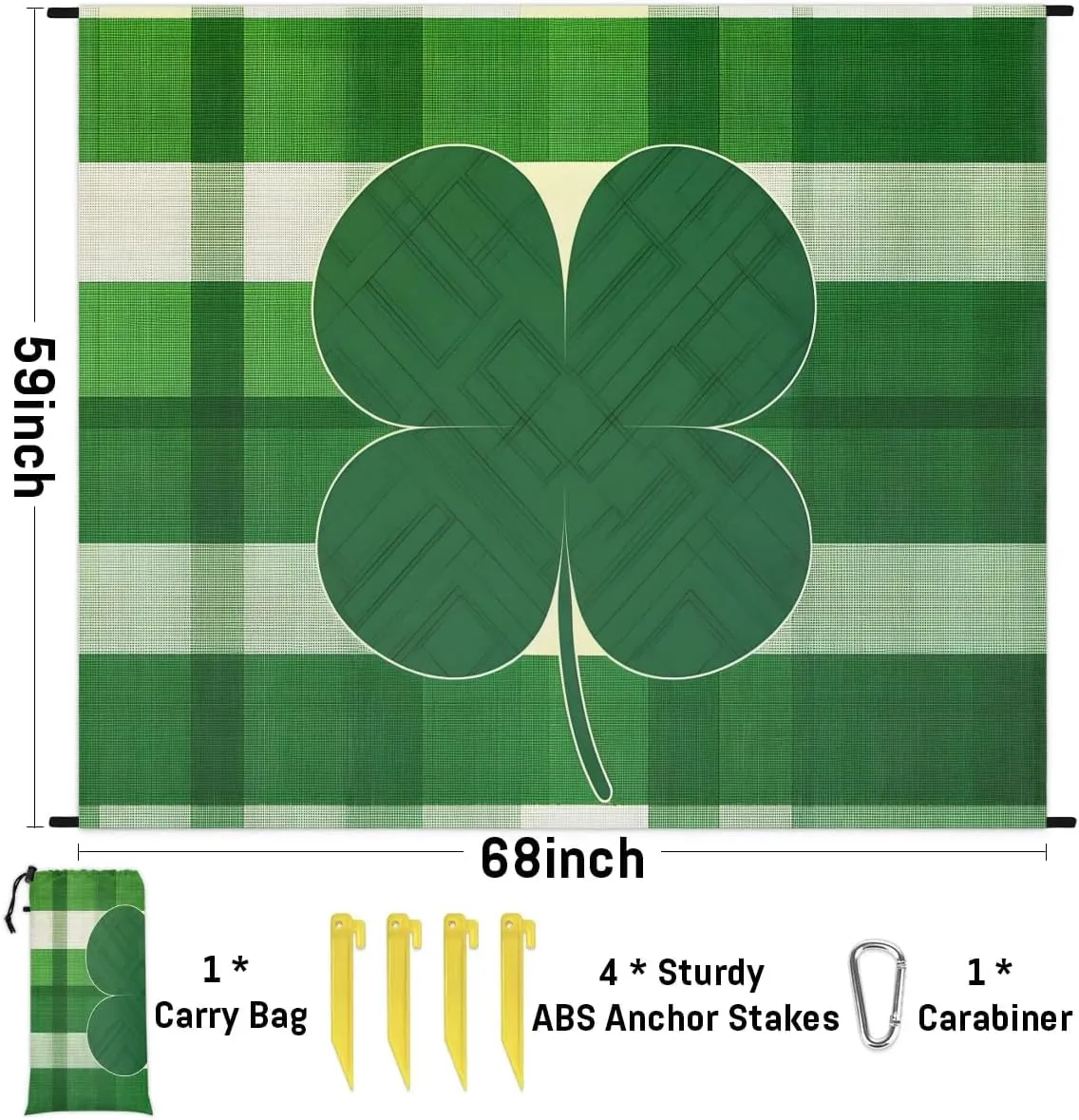 St. Patrick’s Day Shamrocks Beach Blanket, Sandproof Beach Mat, 68 x 59 Waterproof Quick Drying Sand Free Mat with 4 x Ground Spikes for Outdoor Travel Camping Hiking, Buffalo Plaid Farmhouse