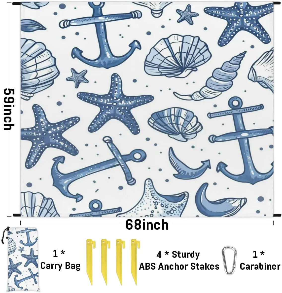Starfish Anchor Whale Beach Blanket, Sandproof Beach Mat, Adults Waterproof Quick Drying Sand Free Mat with 4 x Ground Spikes for Outdoor Travel Camping Hiking, Cute Ocean Sea Animals