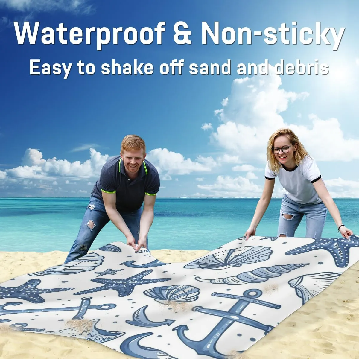 Starfish Anchor Whale Beach Blanket, Sandproof Beach Mat, Adults Waterproof Quick Drying Sand Free Mat with 4 x Ground Spikes for Outdoor Travel Camping Hiking, Cute Ocean Sea Animals