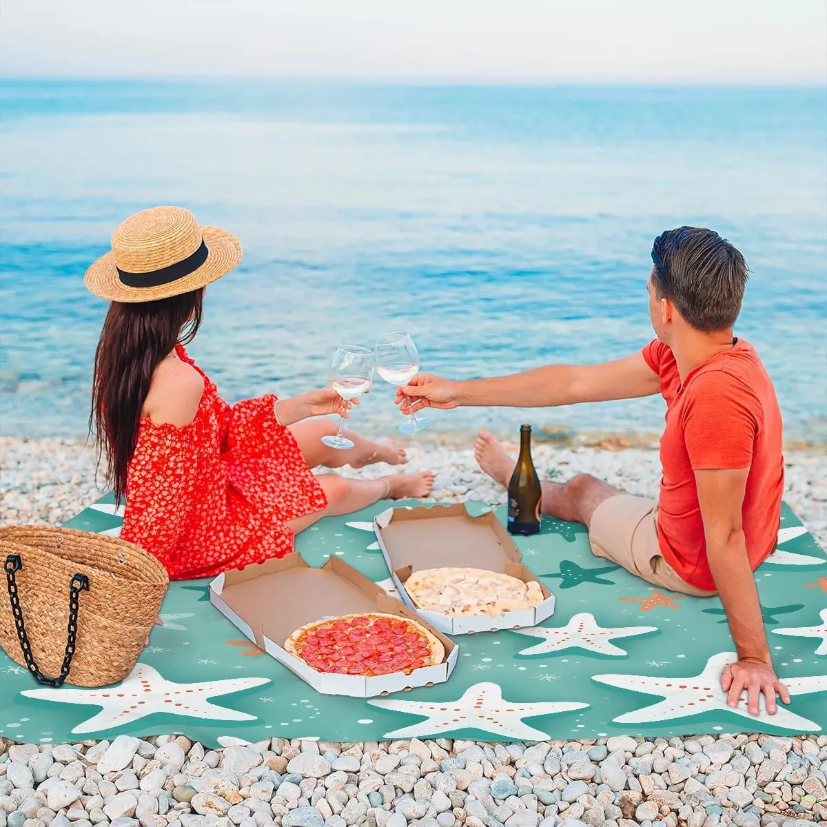 Starfish Beach Blanket, Sandproof Beach Mat, 68 x 59 Waterproof Quick Drying Sand Free Mat with 4 x Ground Spikes for Outdoor Travel Camping Hiking, Starfish Design