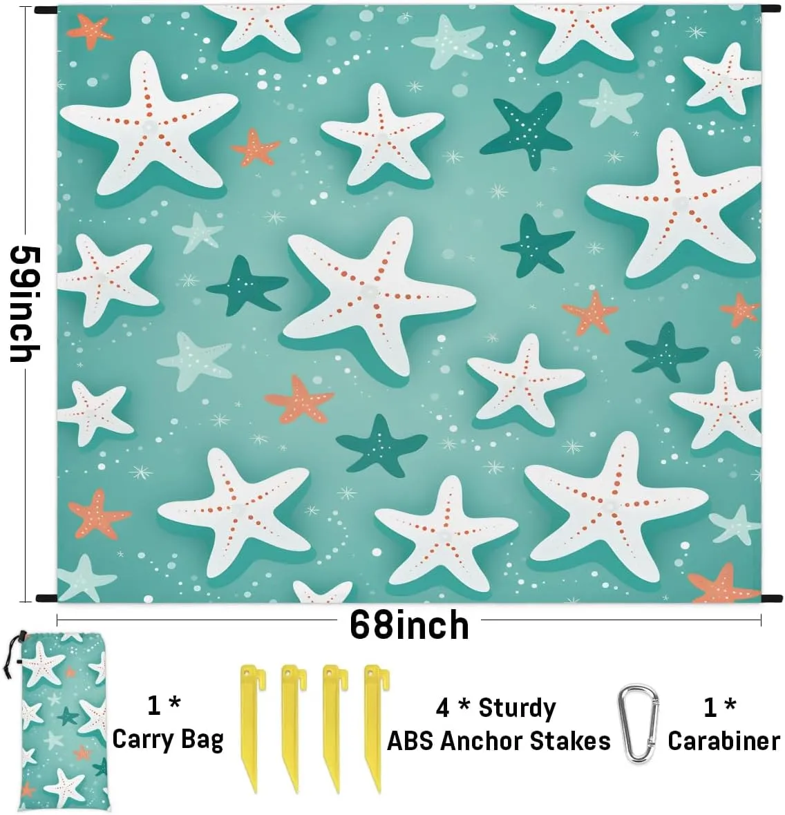 Starfish Beach Blanket, Sandproof Beach Mat, 68 x 59 Waterproof Quick Drying Sand Free Mat with 4 x Ground Spikes for Outdoor Travel Camping Hiking, Starfish Design