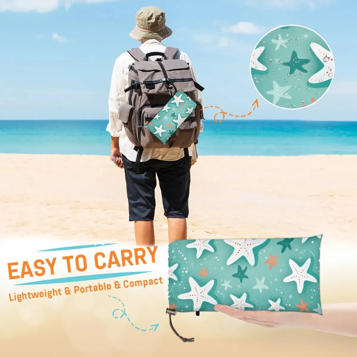 Starfish Beach Blanket, Sandproof Beach Mat, 68 x 59 Waterproof Quick Drying Sand Free Mat with 4 x Ground Spikes for Outdoor Travel Camping Hiking, Starfish Design