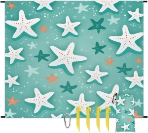 Starfish Beach Blanket, Sandproof Beach Mat, 68 x 59 Waterproof Quick Drying Sand Free Mat with 4 x Ground Spikes for Outdoor Travel Camping Hiking, Starfish Design