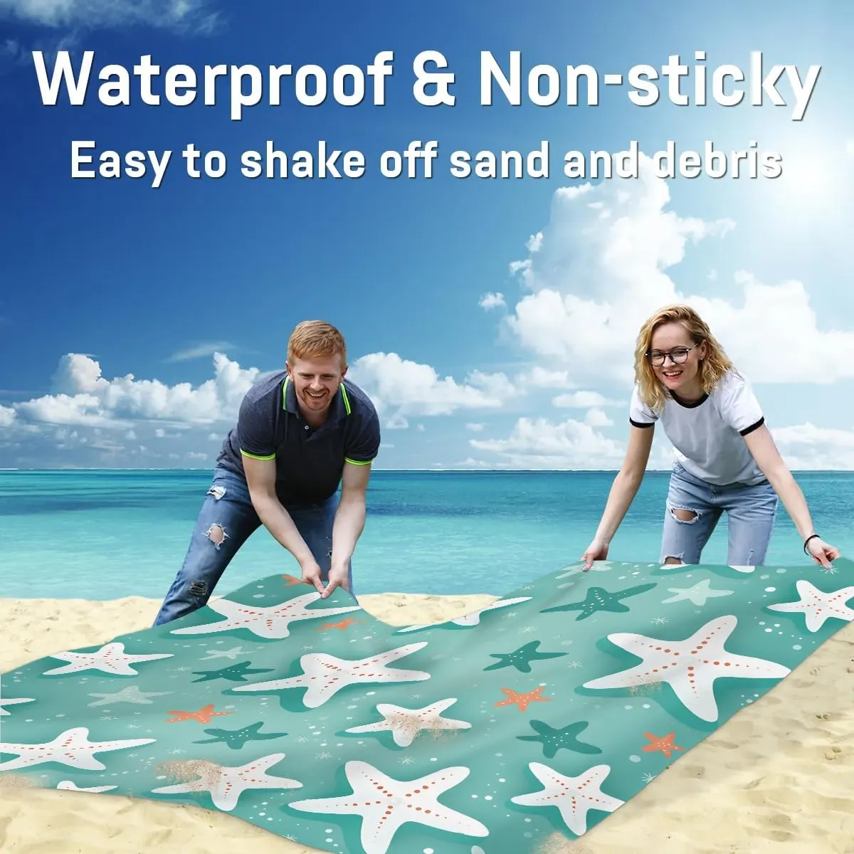 Starfish Beach Blanket, Sandproof Beach Mat, 68 x 59 Waterproof Quick Drying Sand Free Mat with 4 x Ground Spikes for Outdoor Travel Camping Hiking, Starfish Design