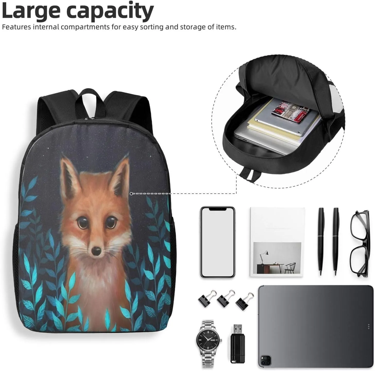 Starry Night Cute Fox Backpack, 17 Inch Travel Business Laptop Backpack For Women Men