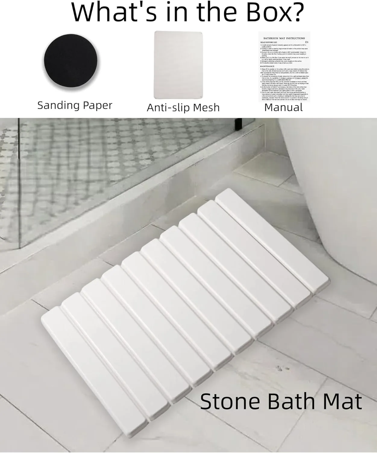 Stone Bath Mat Foldable, Quick Dry Stone Drying Mats for Bathroom, Super Absorbent Rollable Bathtub Mat, Large Diatomaceous Earth Dish Drying Mats for Kitchen Counter, 24 x 16in Bath Mat White