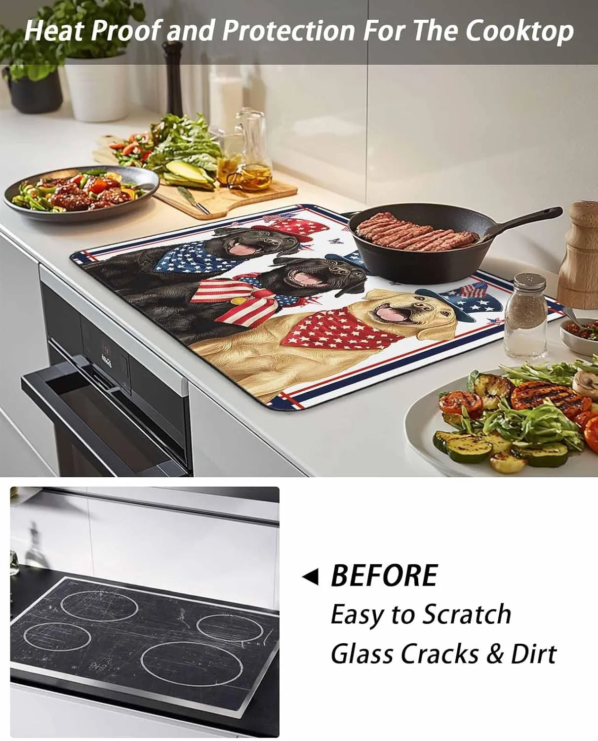 Stove Cover for Electric Cooktops 28.5"x20.5" Non-Slip Foldable Protector Independence Retro Day Dogs with Hat Animal Art Scratchproof Rubber Mat for All Electric Stove Models