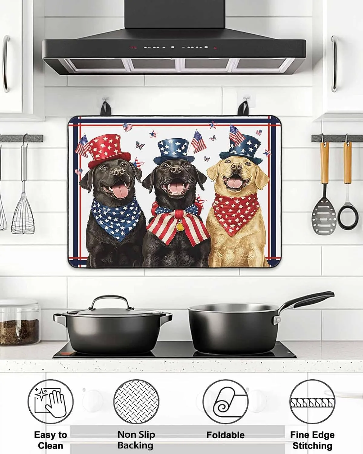 Stove Cover for Electric Cooktops 28.5"x20.5" Non-Slip Foldable Protector Independence Retro Day Dogs with Hat Animal Art Scratchproof Rubber Mat for All Electric Stove Models