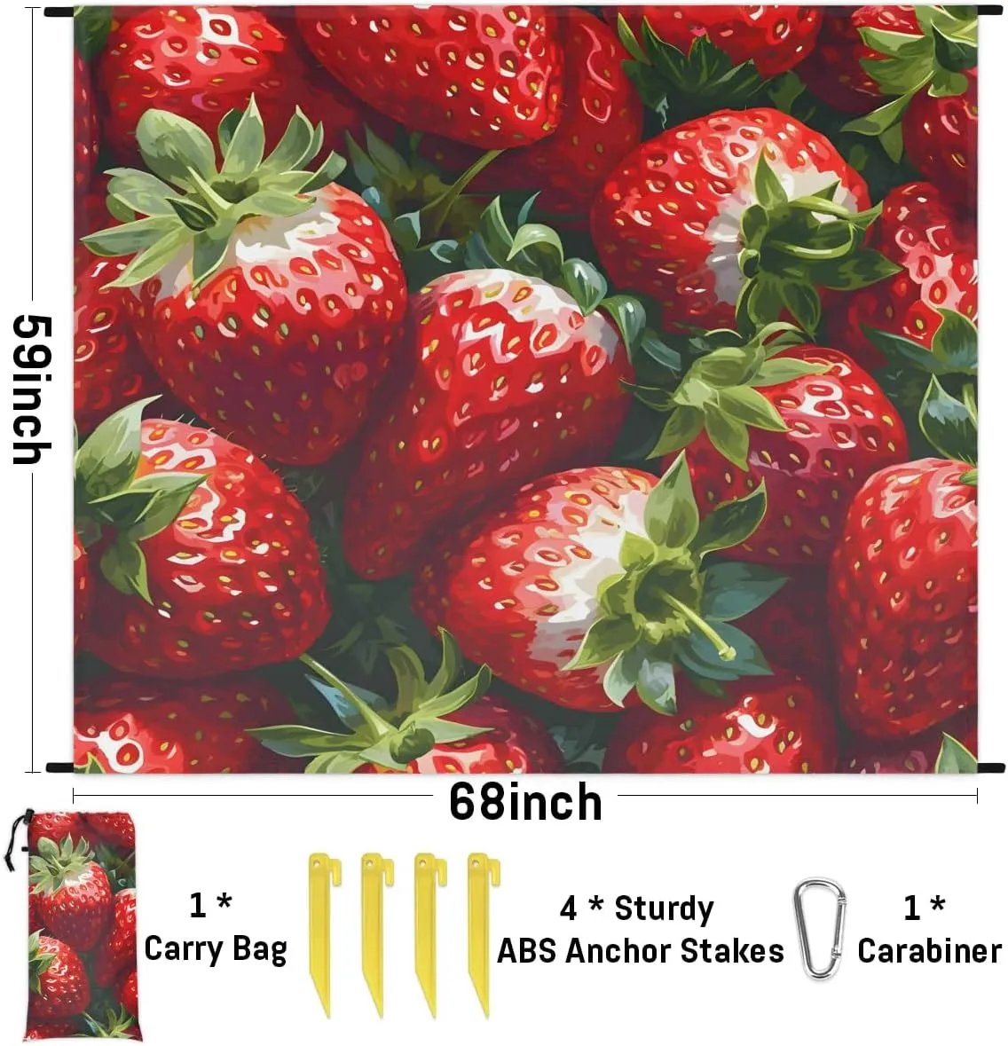 Strawberry Pattern Beach Blanket, Sandproof Beach Mat, 68 x 59 Waterproof Quick Drying Sand Free Mat with 4 x Ground Spikes for Outdoor Travel Camping Hiking, Strawberry