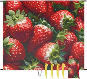 Strawberry Pattern Beach Blanket, Sandproof Beach Mat, 68 x 59 Waterproof Quick Drying Sand Free Mat with 4 x Ground Spikes for Outdoor Travel Camping Hiking, Strawberry