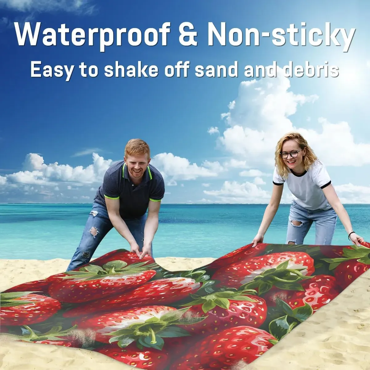 Strawberry Pattern Beach Blanket, Sandproof Beach Mat, 68 x 59 Waterproof Quick Drying Sand Free Mat with 4 x Ground Spikes for Outdoor Travel Camping Hiking, Strawberry