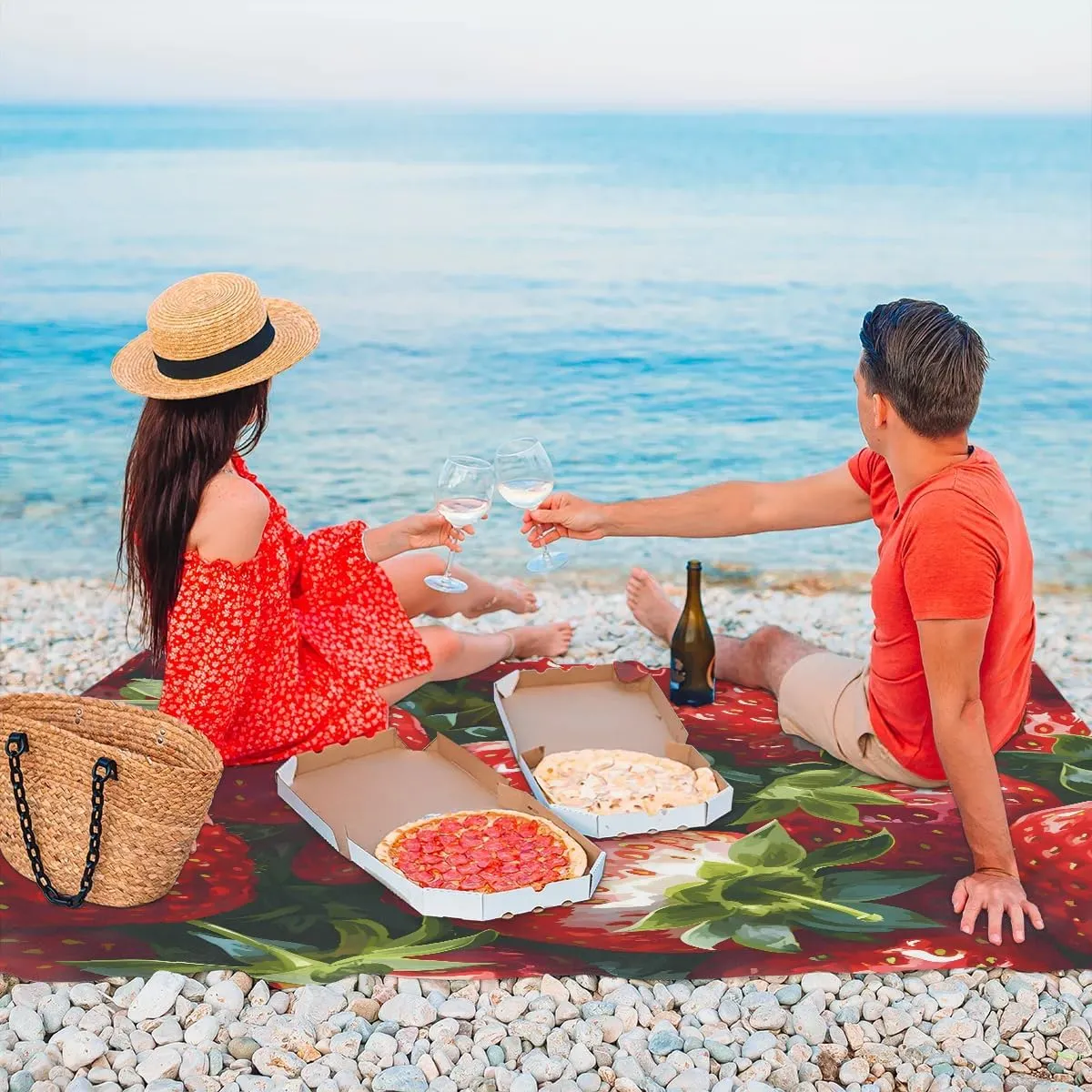 Strawberry Pattern Beach Blanket, Sandproof Beach Mat, 68 x 59 Waterproof Quick Drying Sand Free Mat with 4 x Ground Spikes for Outdoor Travel Camping Hiking, Strawberry