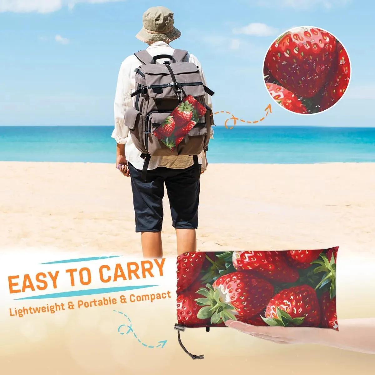 Strawberry Pattern Beach Blanket, Sandproof Beach Mat, 68 x 59 Waterproof Quick Drying Sand Free Mat with 4 x Ground Spikes for Outdoor Travel Camping Hiking, Strawberry