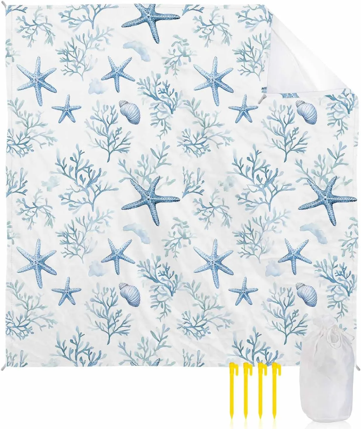Summer Beach Blanket Waterproof Sandproof 108"x84", Ocean Starfish Coral Oversized Beach Mat with 4 Corner Sand Pocket & 4 Stakes, Compact Outdoor Picnic Mat for Camping Travel Festivals