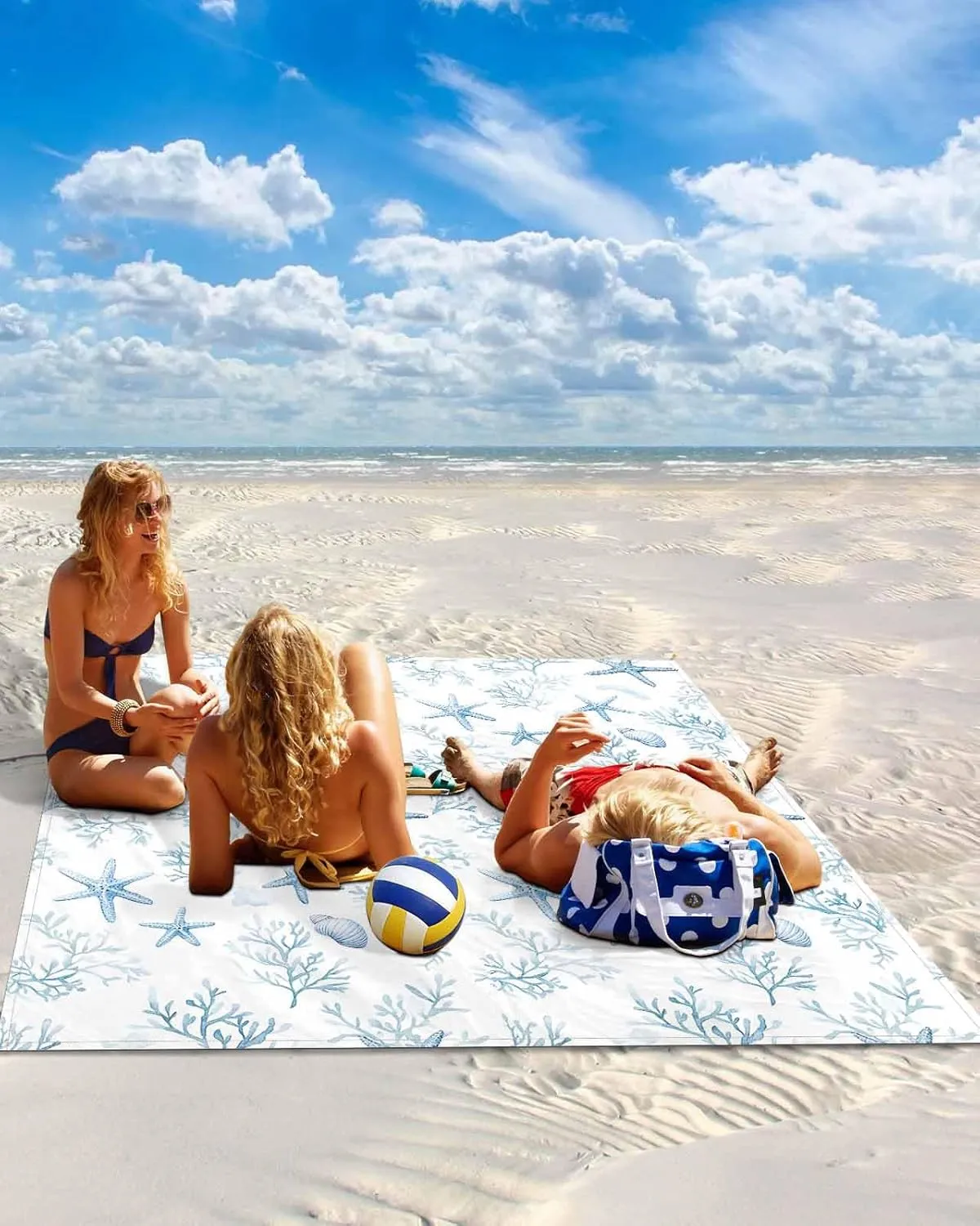 Summer Beach Blanket Waterproof Sandproof 108"x84", Ocean Starfish Coral Oversized Beach Mat with 4 Corner Sand Pocket & 4 Stakes, Compact Outdoor Picnic Mat for Camping Travel Festivals