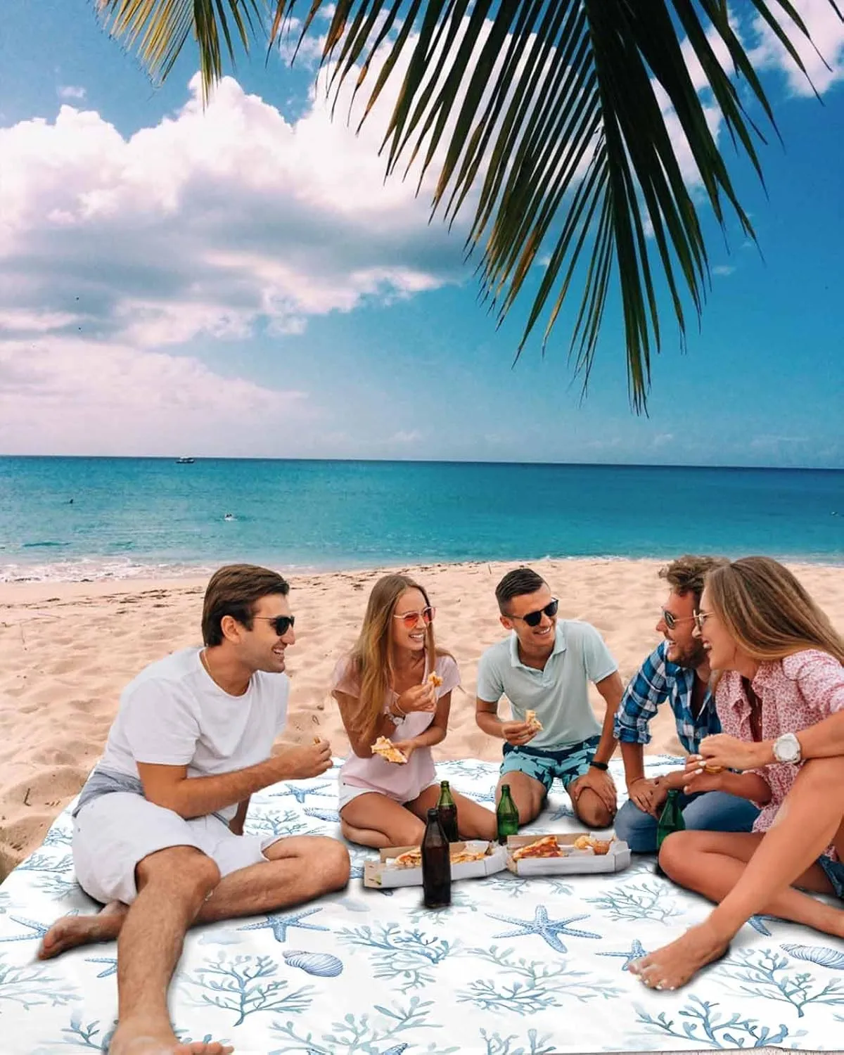 Summer Beach Blanket Waterproof Sandproof 108"x84", Ocean Starfish Coral Oversized Beach Mat with 4 Corner Sand Pocket & 4 Stakes, Compact Outdoor Picnic Mat for Camping Travel Festivals