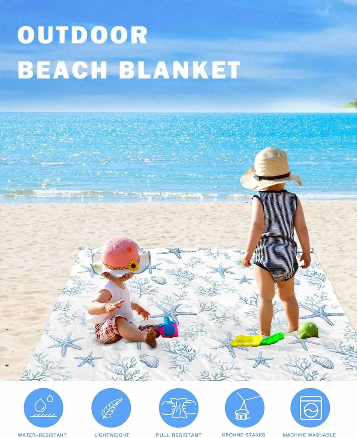 Summer Beach Blanket Waterproof Sandproof 108"x84", Ocean Starfish Coral Oversized Beach Mat with 4 Corner Sand Pocket & 4 Stakes, Compact Outdoor Picnic Mat for Camping Travel Festivals
