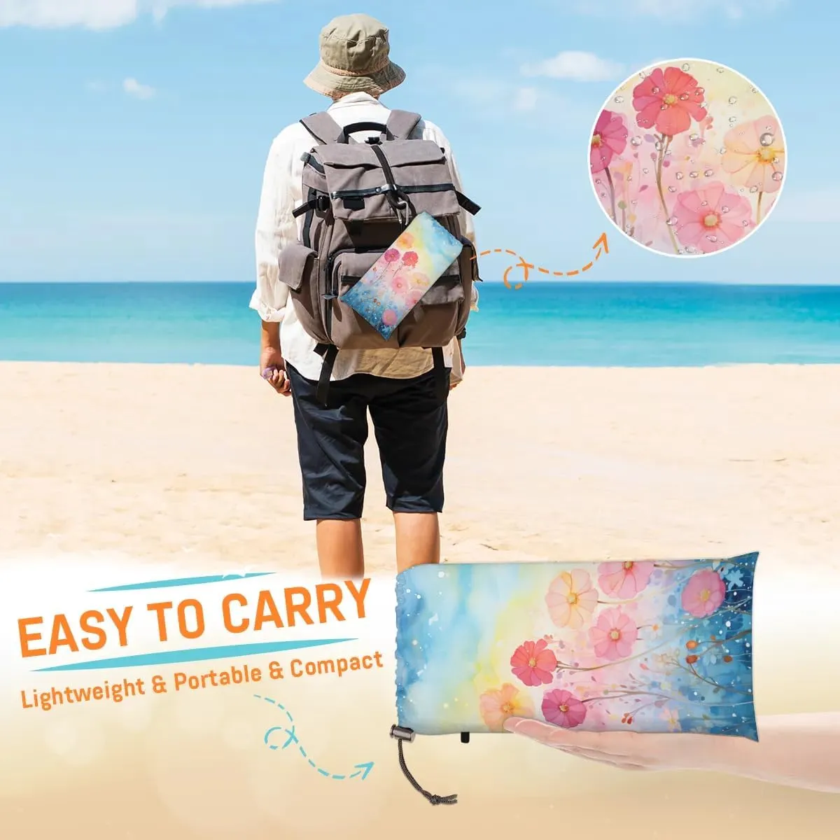 Summer Floral Beach Blanket, Sandproof Beach Mat, 68 x 59 Waterproof Quick Drying Sand Free Mat with 4 x Ground Spikes for Outdoor Travel Camping Hiking, Flowers Spring