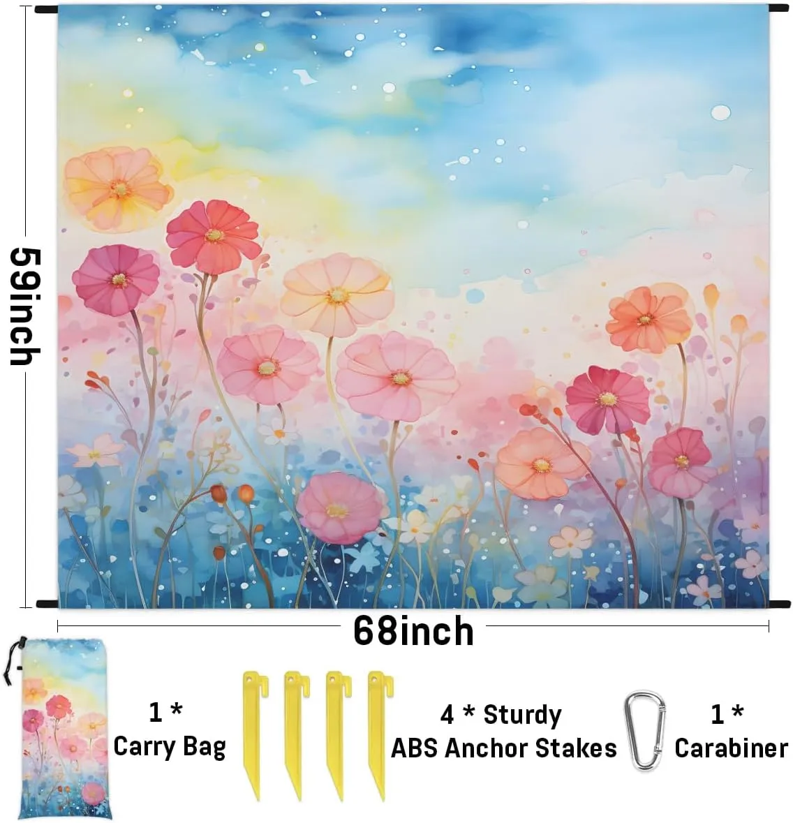 Summer Floral Beach Blanket, Sandproof Beach Mat, 68 x 59 Waterproof Quick Drying Sand Free Mat with 4 x Ground Spikes for Outdoor Travel Camping Hiking, Flowers Spring