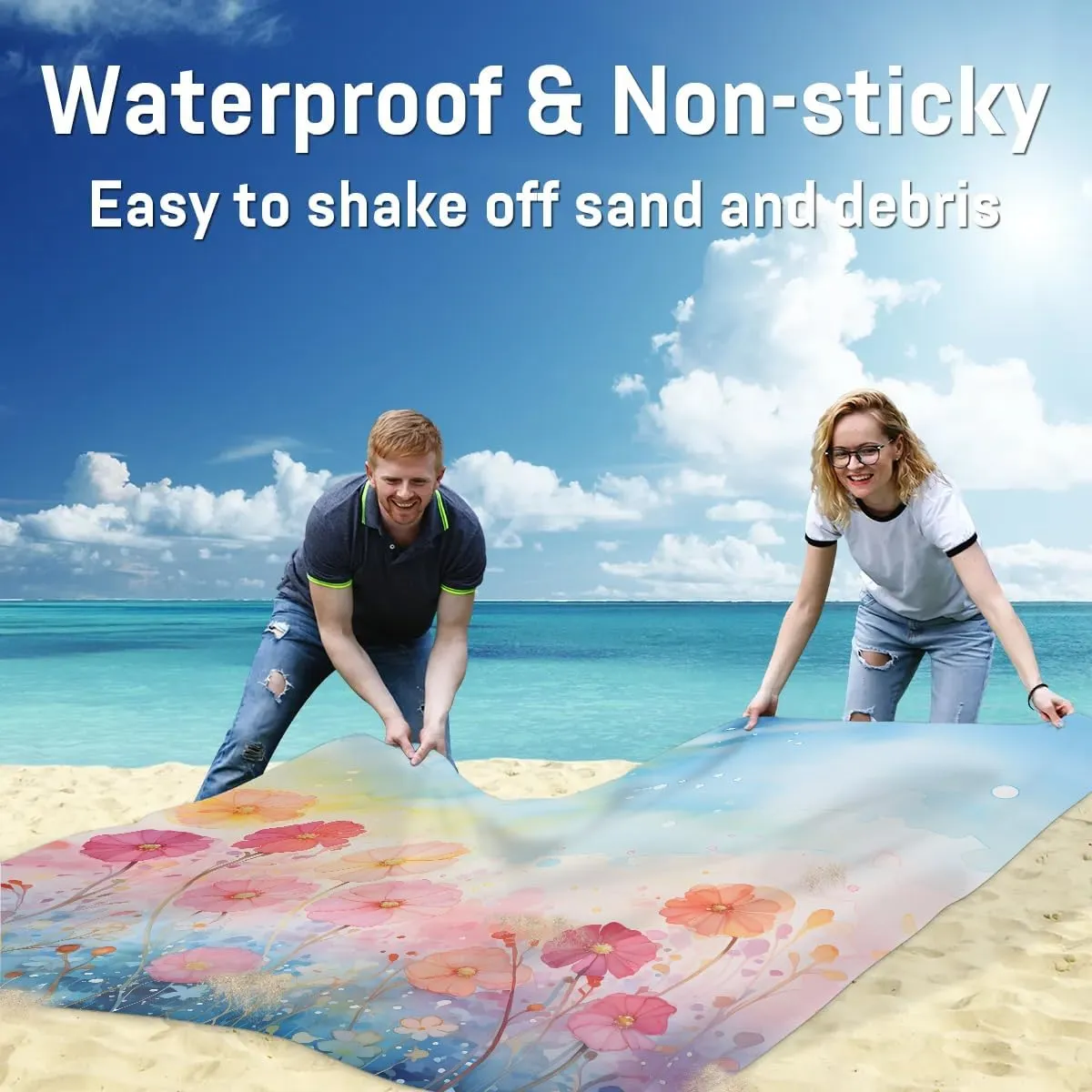 Summer Floral Beach Blanket, Sandproof Beach Mat, 68 x 59 Waterproof Quick Drying Sand Free Mat with 4 x Ground Spikes for Outdoor Travel Camping Hiking, Flowers Spring