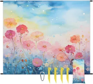 Summer Floral Beach Blanket, Sandproof Beach Mat, 68 x 59 Waterproof Quick Drying Sand Free Mat with 4 x Ground Spikes for Outdoor Travel Camping Hiking, Flowers Spring