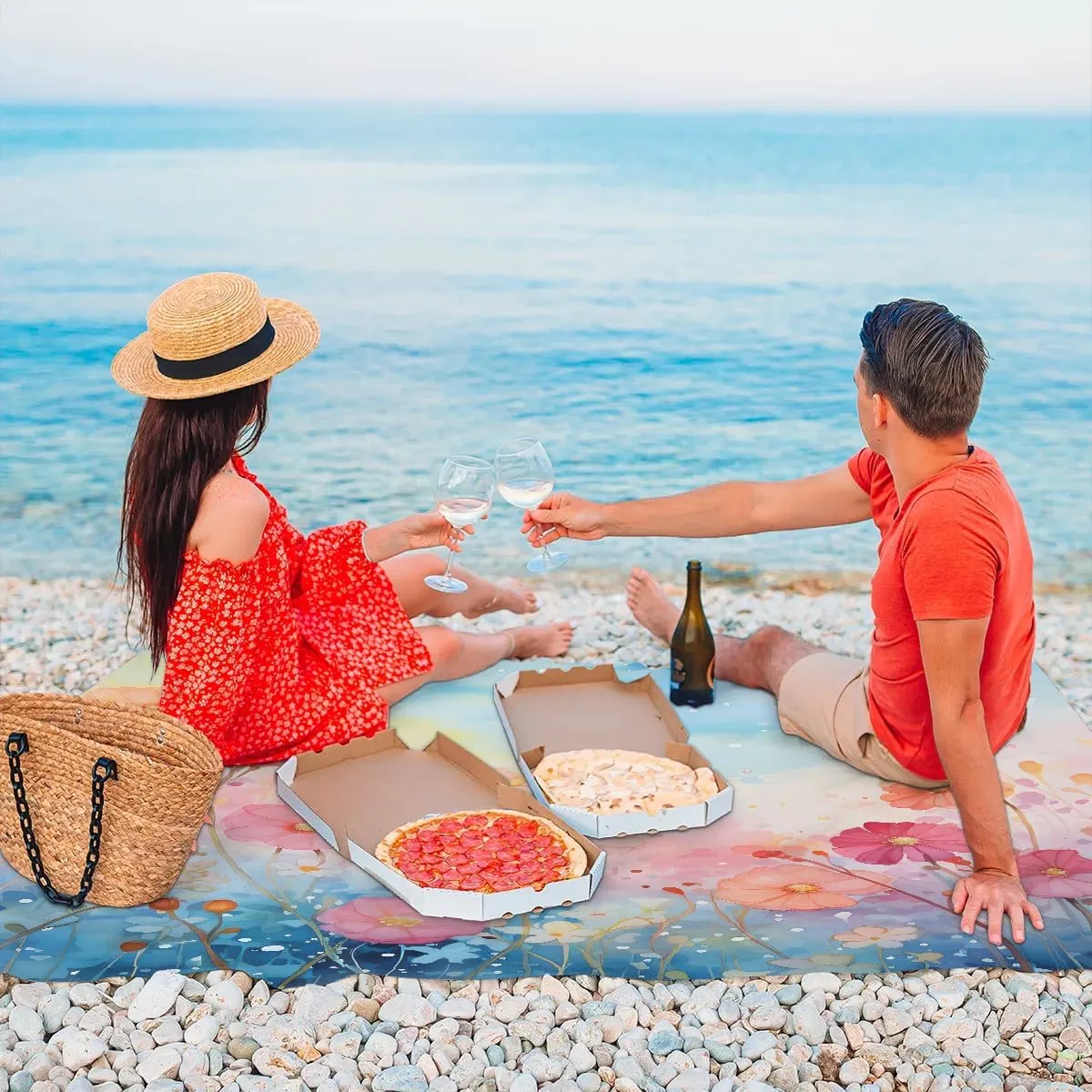 Summer Floral Beach Blanket, Sandproof Beach Mat, 68 x 59 Waterproof Quick Drying Sand Free Mat with 4 x Ground Spikes for Outdoor Travel Camping Hiking, Flowers Spring