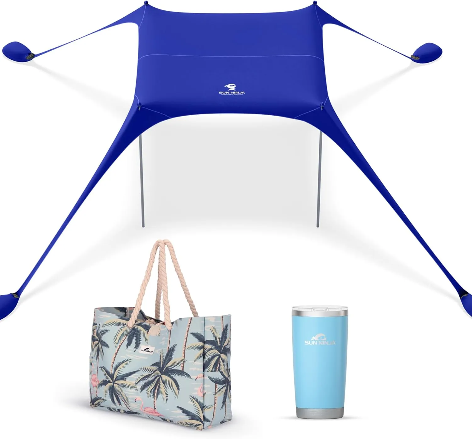 SUN NINJA Beach Tent Bundle with XL Beach Bag, 20oz Tumbler, UPF 50  Sun Shelter, Water-Resistant Tote, Insulated Tumbler for Cold Drinks, Easy Setup & Portable, Complete Beach Day Set