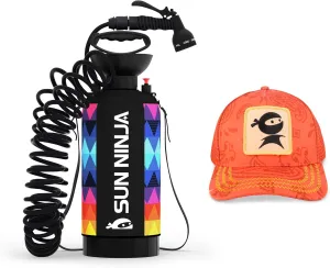SUN NINJA Portable Shower Bundle with Trucker Hat, 8L Pressurized Outdoor Shower with 7-Mode Spray, Neoprene Cover for Warmer Water, Breathable Mesh Sun Protection, Easy to Carry