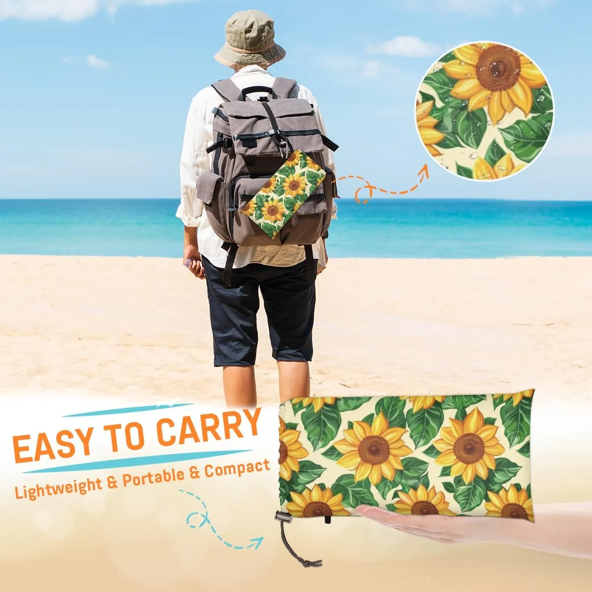 Sunflower Beach Blanket, Sandproof Beach Mat, Adults Waterproof Quick Drying Sand Free Mat with 4 x Ground Spikes for Outdoor Travel Camping Hiking, Flower