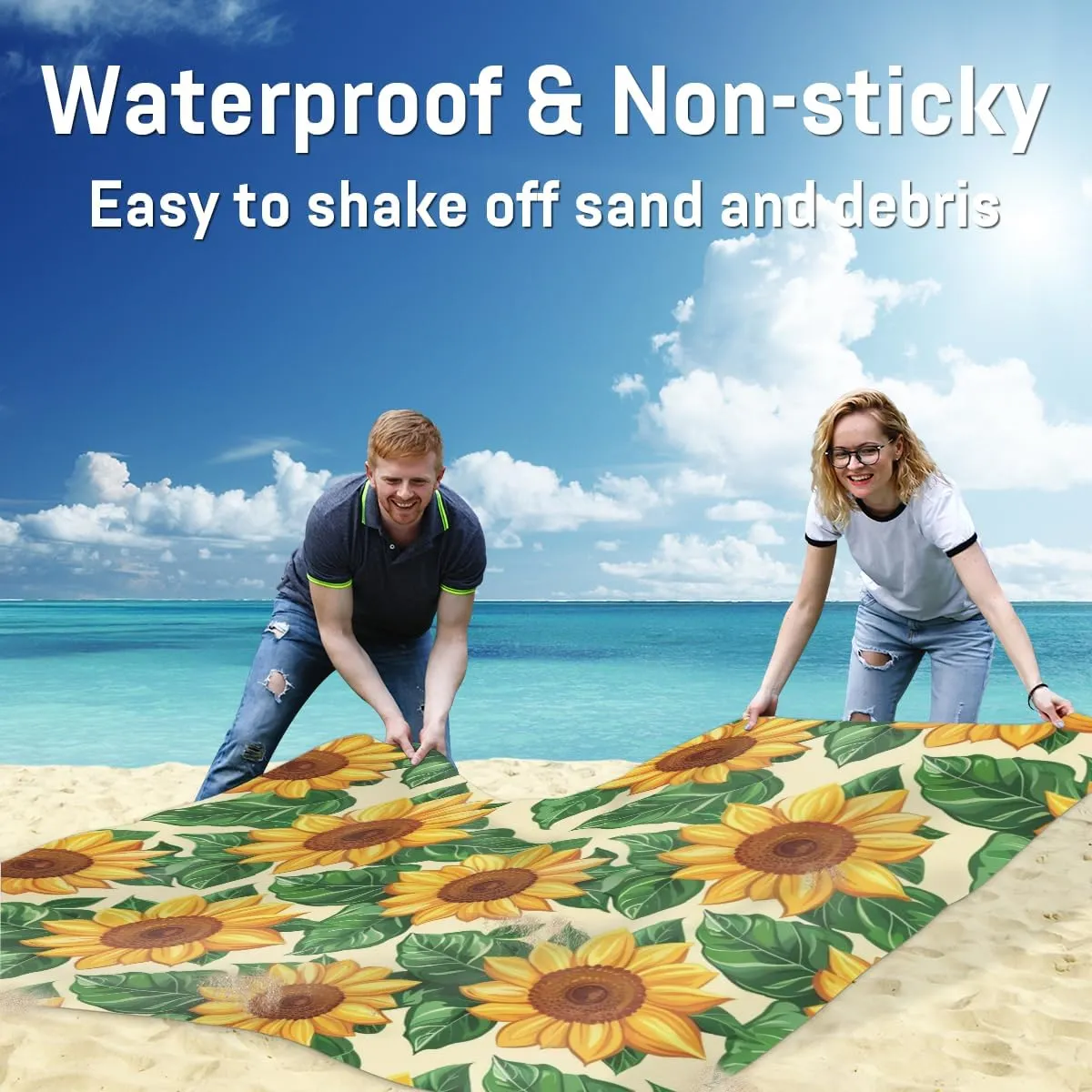 Sunflower Beach Blanket, Sandproof Beach Mat, Adults Waterproof Quick Drying Sand Free Mat with 4 x Ground Spikes for Outdoor Travel Camping Hiking, Flower
