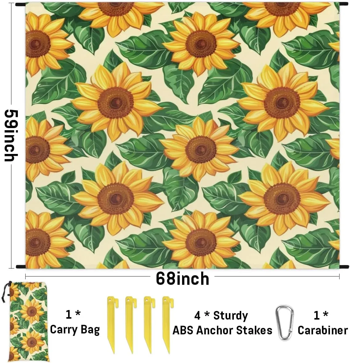 Sunflower Beach Blanket, Sandproof Beach Mat, Adults Waterproof Quick Drying Sand Free Mat with 4 x Ground Spikes for Outdoor Travel Camping Hiking, Flower