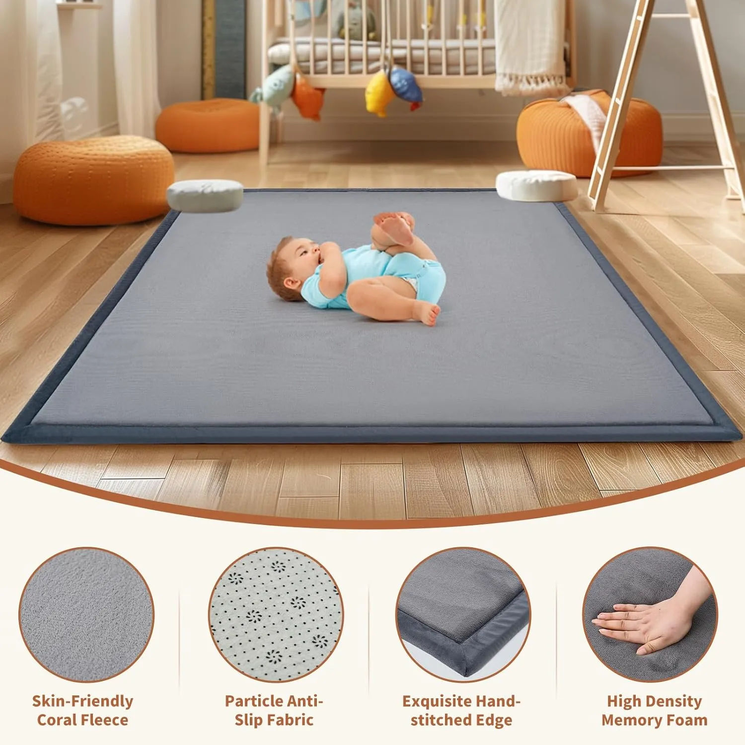 SUNYRISY Baby Play Mat for Floor, 1.4in Thick Memory Foam Padded Play Mats for Baby, Soft Velvet Infants Toddler Kids Play Mat Non-Slip Bottom, Crawling Baby Rugs for Nursery 80x80in