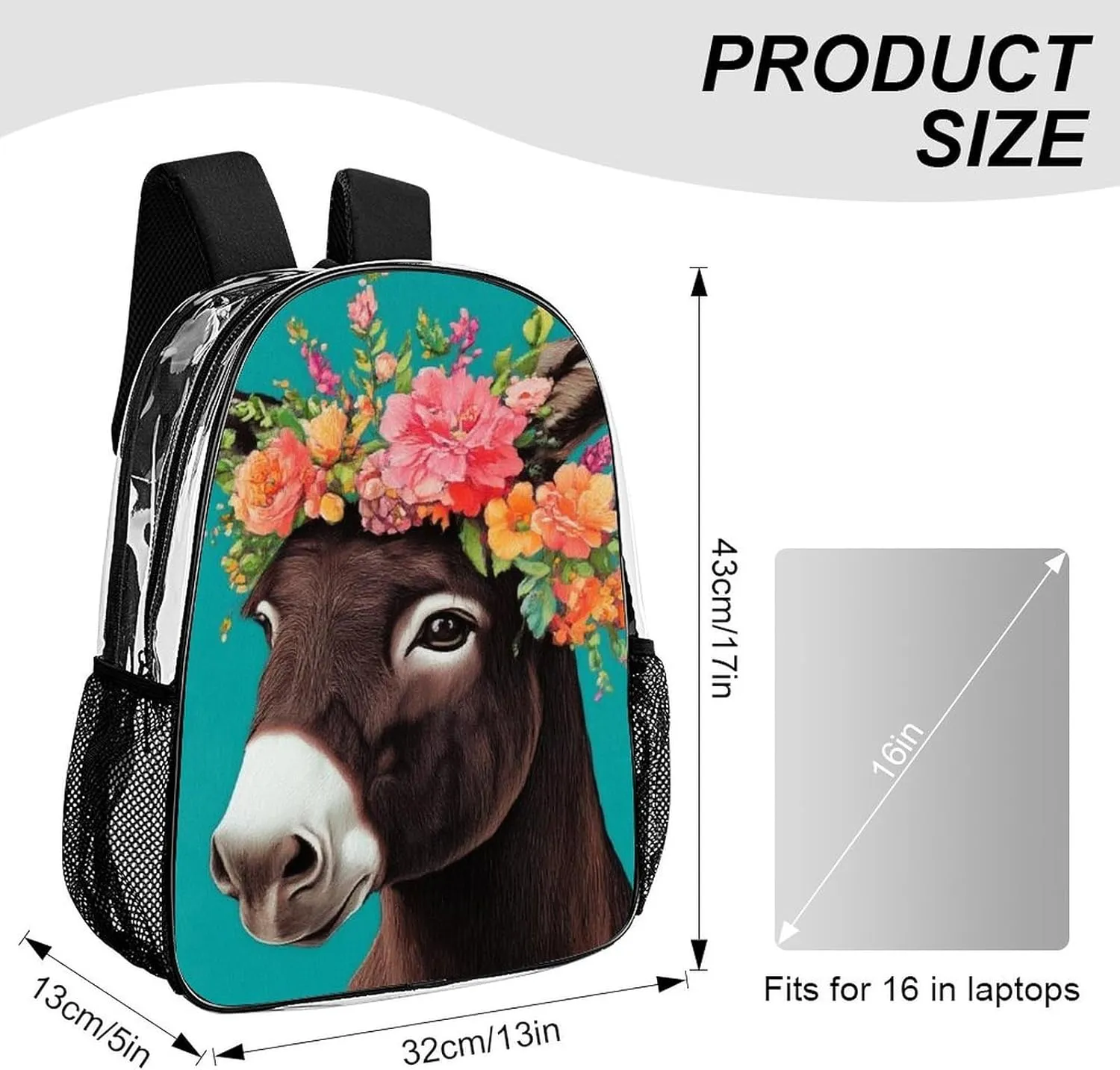 Supdreamc Donkey Animals Rucksacks Lightweight Multipurpose Transparent Shoulder Bag Big Capacity Traveling & Camping Backpack With Side Pockets