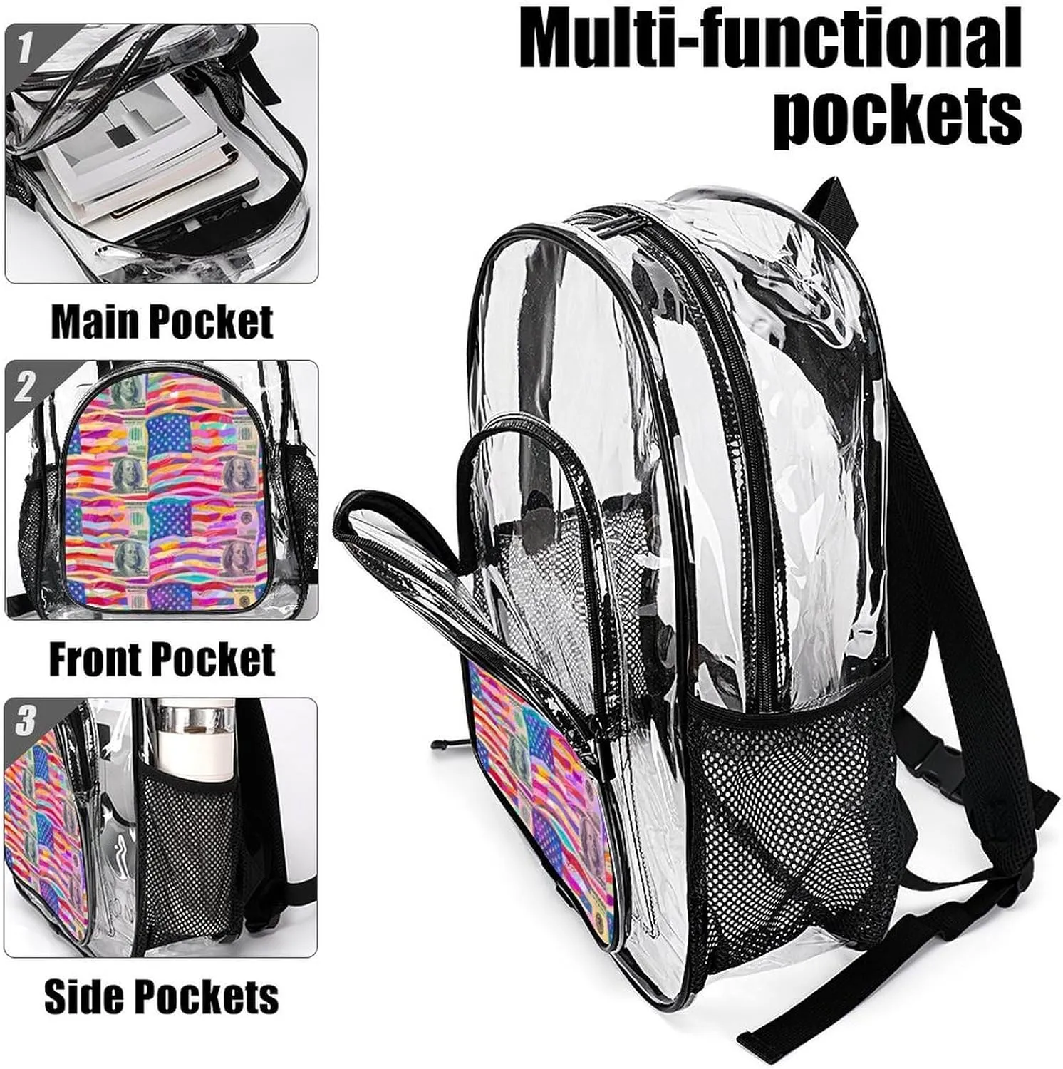 Supdreamc Men & Women Lightweight American Flag Money Colorful Bill Dollars Art Casual Daypack Large Capacity Bookbag Transparent Bag for Gym Business Bicycle