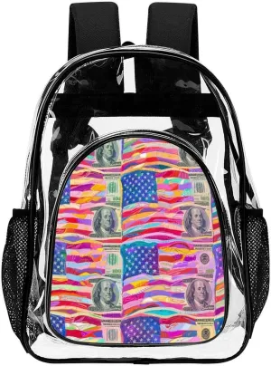 Supdreamc Men & Women Lightweight American Flag Money Colorful Bill Dollars Art Casual Daypack Large Capacity Bookbag Transparent Bag for Gym Business Bicycle