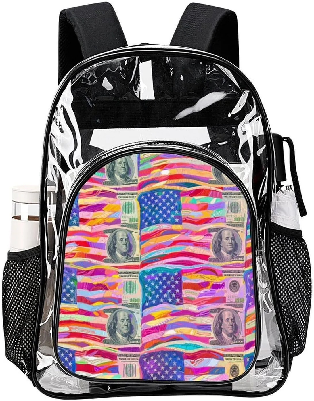 Supdreamc Men & Women Lightweight American Flag Money Colorful Bill Dollars Art Casual Daypack Large Capacity Bookbag Transparent Bag for Gym Business Bicycle