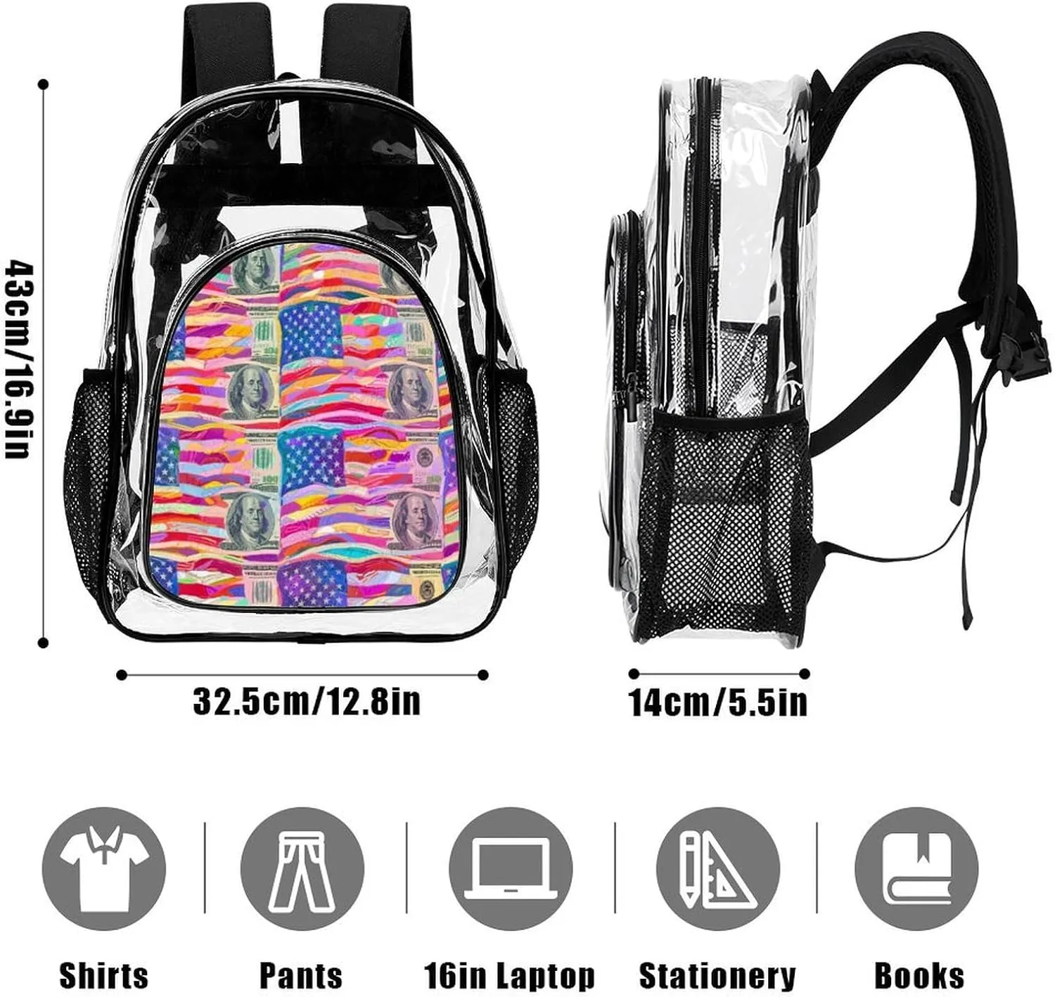 Supdreamc Men & Women Lightweight American Flag Money Colorful Bill Dollars Art Casual Daypack Large Capacity Bookbag Transparent Bag for Gym Business Bicycle