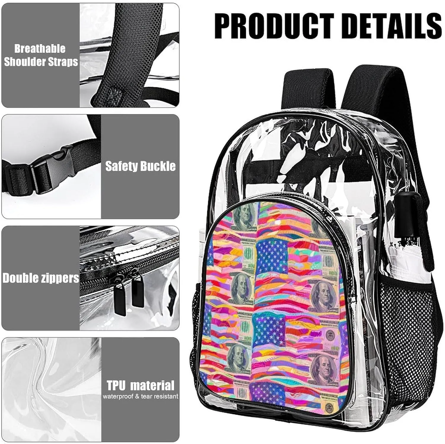 Supdreamc Men & Women Lightweight American Flag Money Colorful Bill Dollars Art Casual Daypack Large Capacity Bookbag Transparent Bag for Gym Business Bicycle